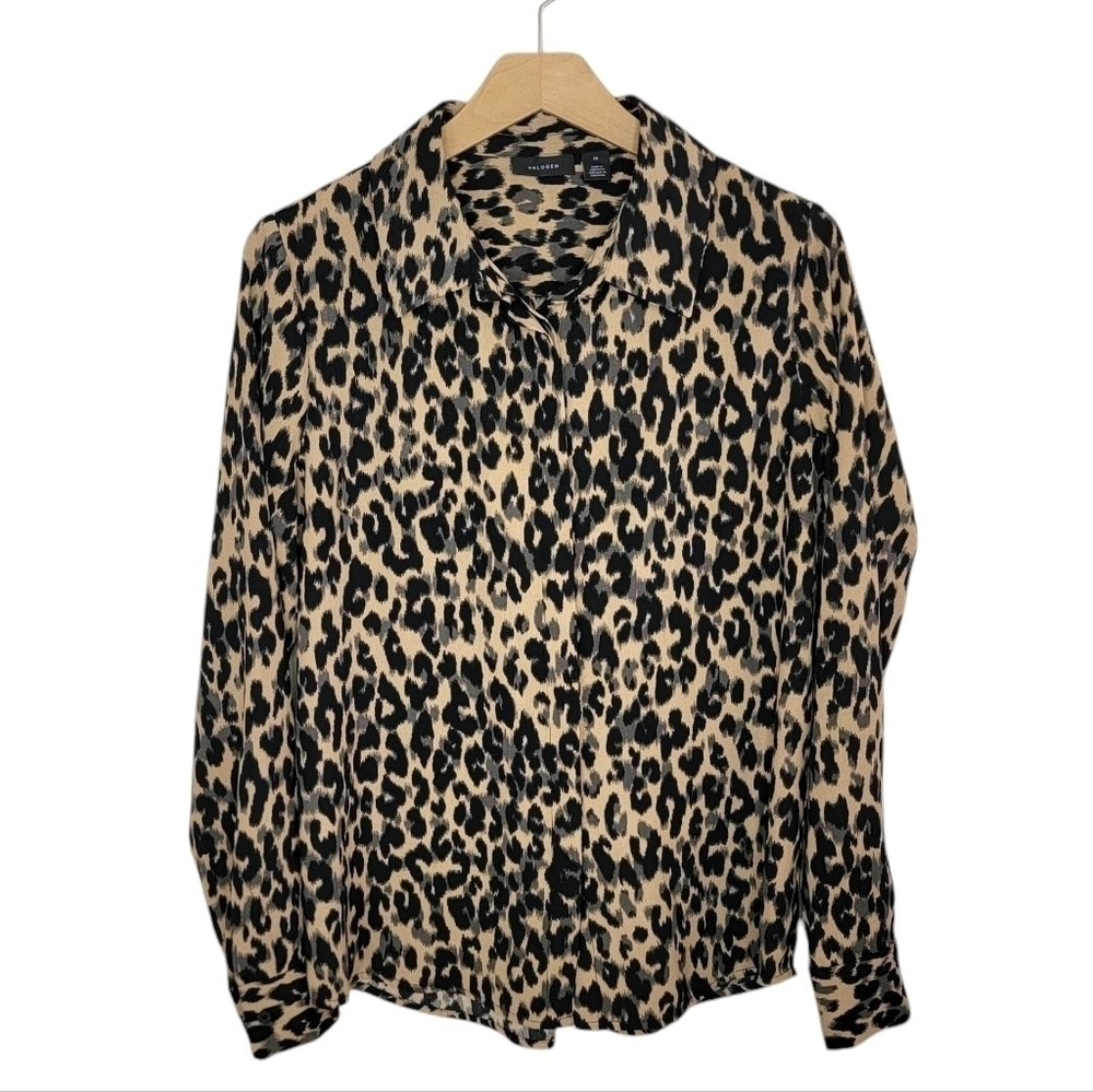 Halogen Tan Black Leopard Animal Print Long Sleeve Blouse Size Medium